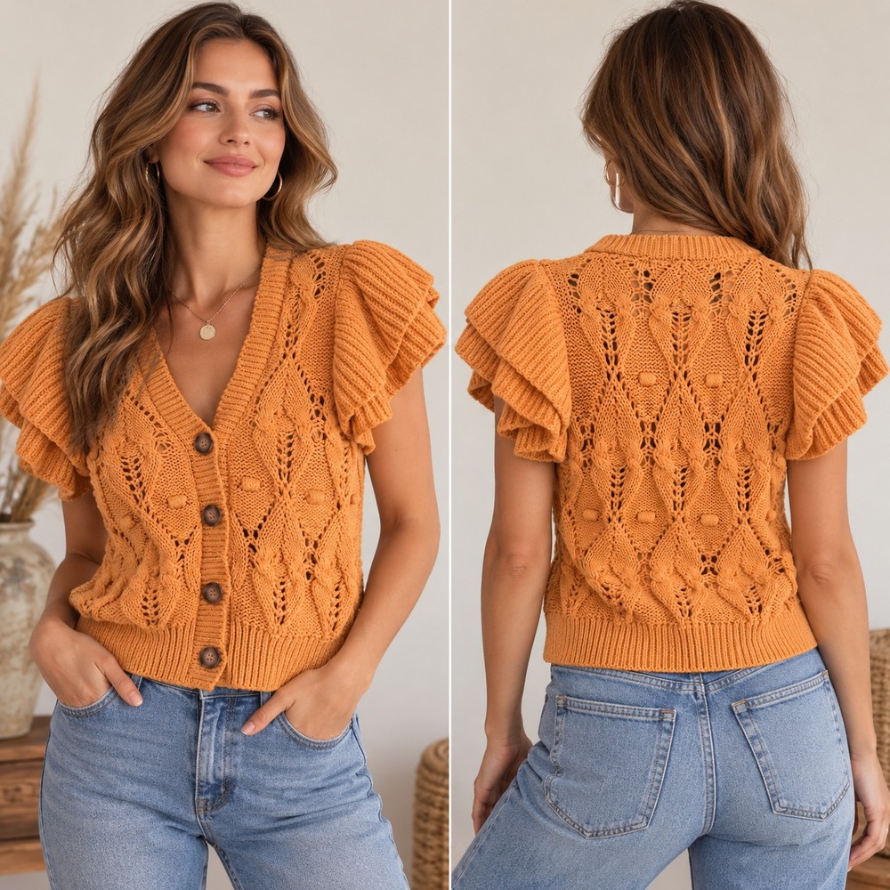 Zara M Orange Ruffle Sleeve Cable Knit Cardigan Open Knit Boho Cottagecore Fall